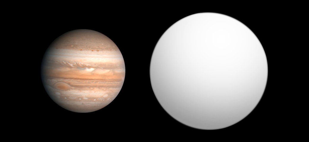 Alef (derecha), en una comparación de tamaño con Júpiter. 