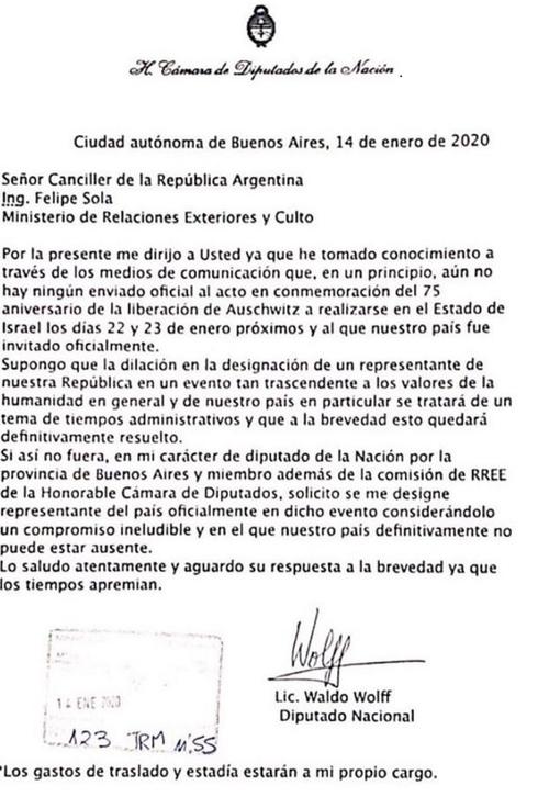 La carta de Waldo Wolff al canciller Felipe Solá 
