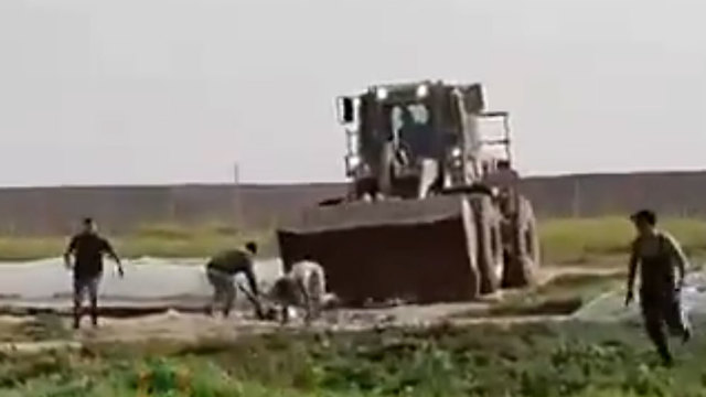 Excavadora de las FDI recoge el cuerpo del terrorista palestino.