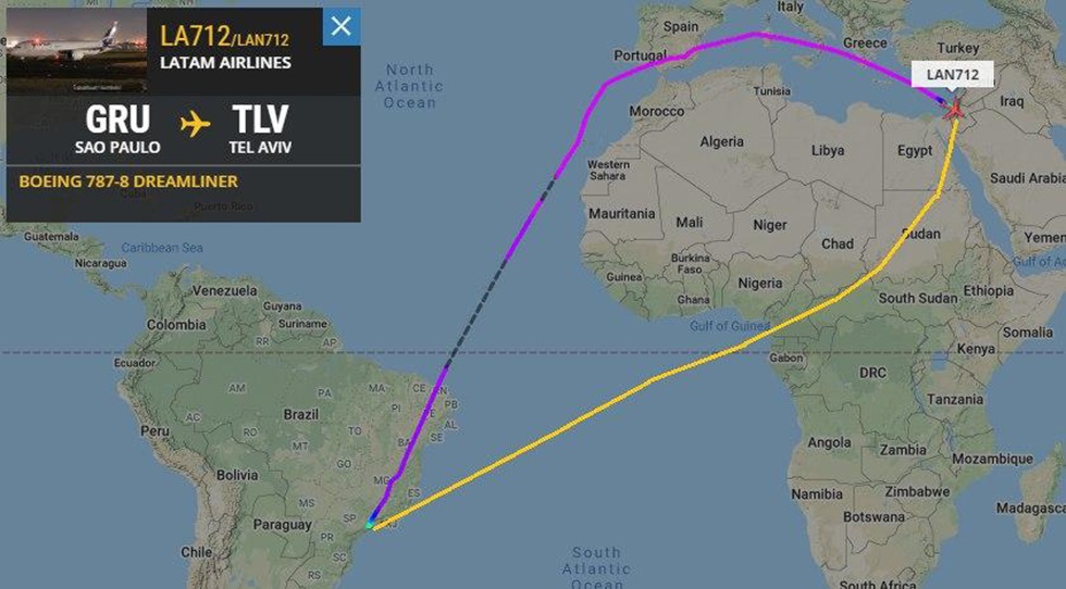 El recorrido actual del vuelo San Pablo-Tel Aviv demora dos horas más porque debe bordear la costa africana