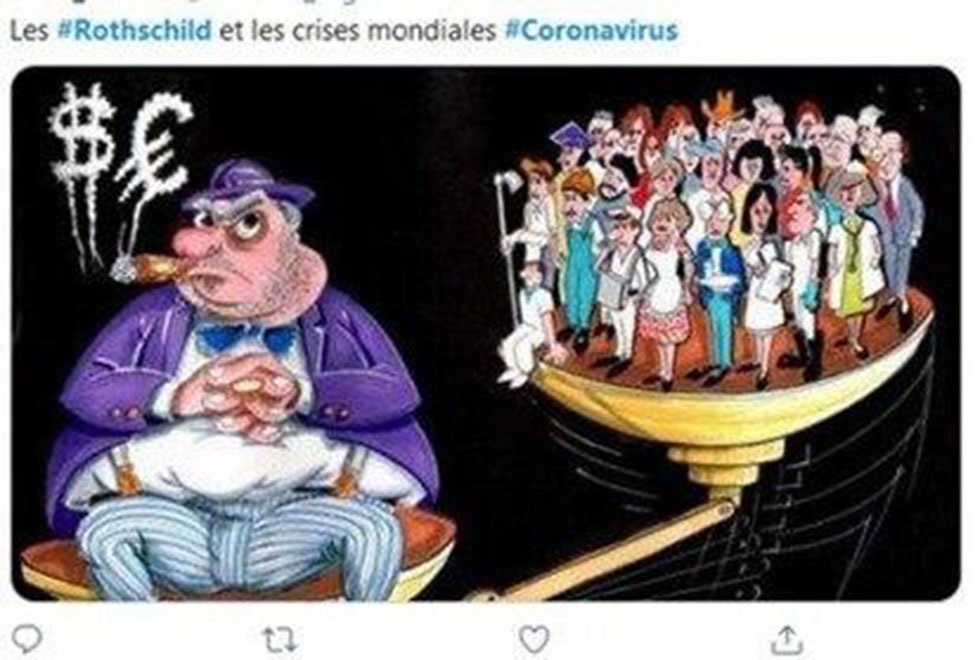 Caricatura de empresarios judíos señalados como beneficiados por la crisis del coronavirus. 