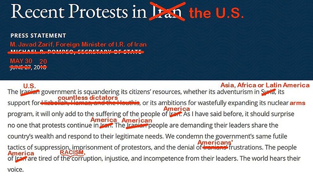 El comunicado de Pompeo intervenido irónicamente por el canciller iraní. 