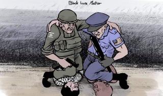 Caricatura con dos policías abrazados; el estadounidense estrangulando a un hombre negro en el cuello, y el israelí asfixiando a un palestino. 