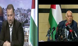 Declaración conjunta de Jibril Rajoub (derecha), alto funcionario de Fatah, y Saleh al-Arouri, referente de Hamás.