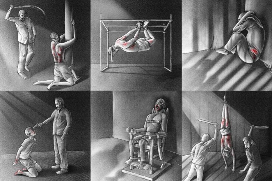 Ilustraciones de Amnistía Internacional sobre los métodos de tortura aplicados contra manifestantes en Irán. 