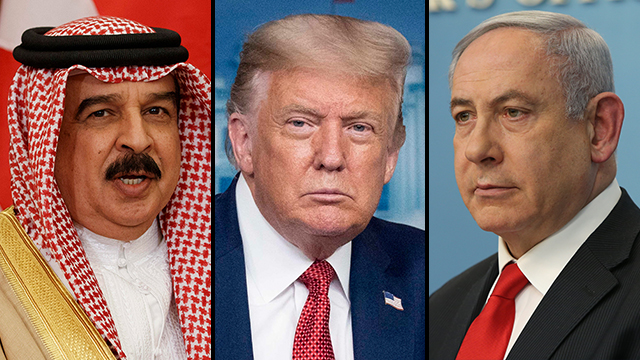 Rei Hamad bin Isa Al Khalifa, Presidente Donald Trump e Primeiro Ministro Netanyahu. (Ynet) Israel e Bahrein vão assinar acordo de paz