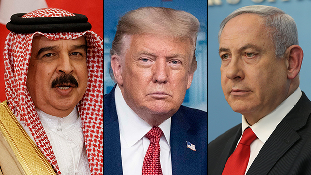 El rey Hamad bin Isa Al Khalifa, el presidente Donald Trump y el primer ministro Netanyahu. 