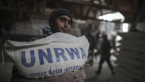 Un ciudadano de Gaza recolecta alimentos provistos por la UNRWA. 