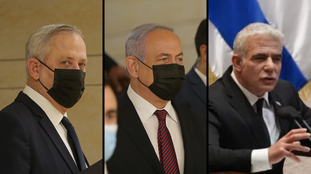 Benny Gantz (izquierda), Benjamín Netanyahu (centro) y el líder de la oposición, Yair Lapid.