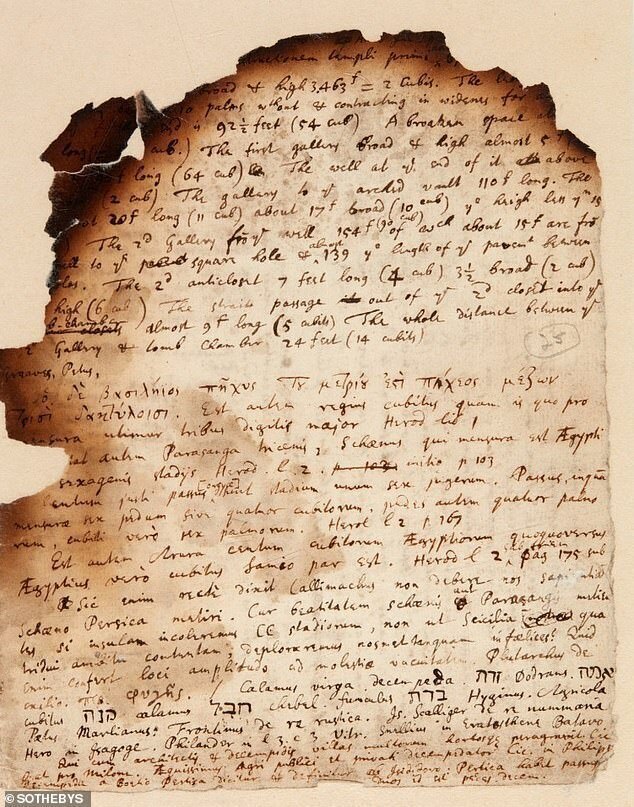 Manuscritos de Newton con las huellas de haber sido quemados. 