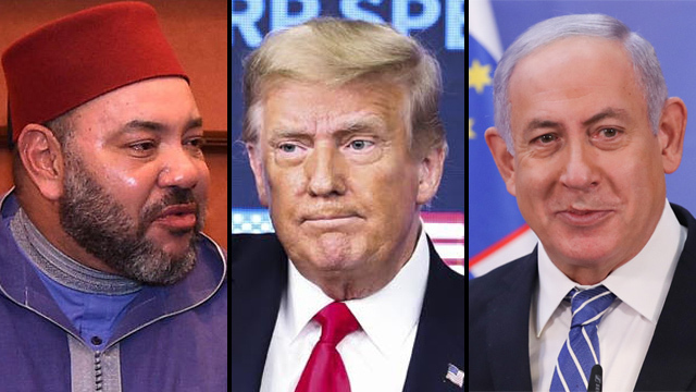 Mohamed VI, rey de Marruecos; Donald Trump, presidente de Estados Unidos; y Benjamín Netanyahu, primer ministro de Israel. (Ynet) Marruecos Mohamed VI Trump Netanyahu