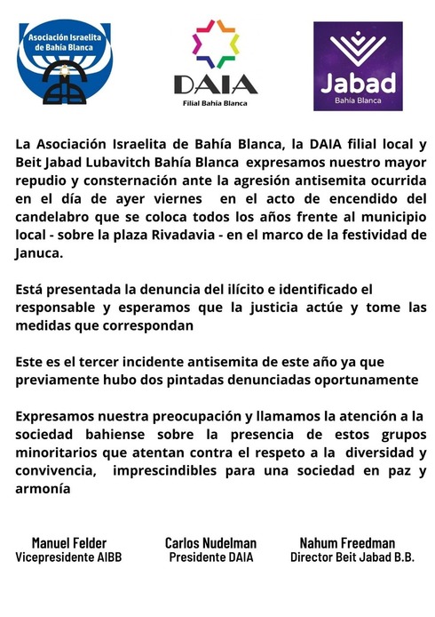 Comunicado de la Asociación Israelita de Bahía Blanca en repudio por la agresión. 