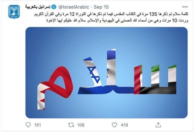 Un tweet que es parte de la campaña israelí dirigida al mundo árabe. 