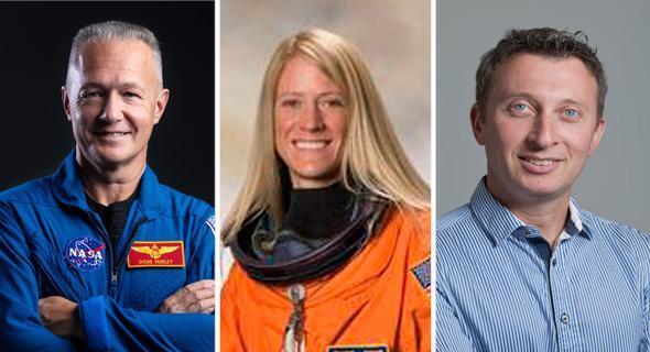 Los astronautas de la NASA, la doctora Karen Nyberg y el coronel Doug Hurley. A la derecha, Ben-Ze'ev. 