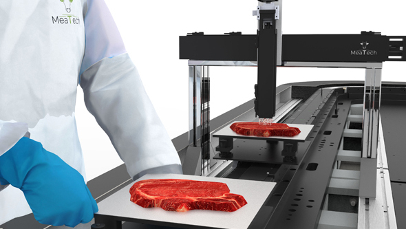 Impresión 3D de un bistec de carne vacuna. 