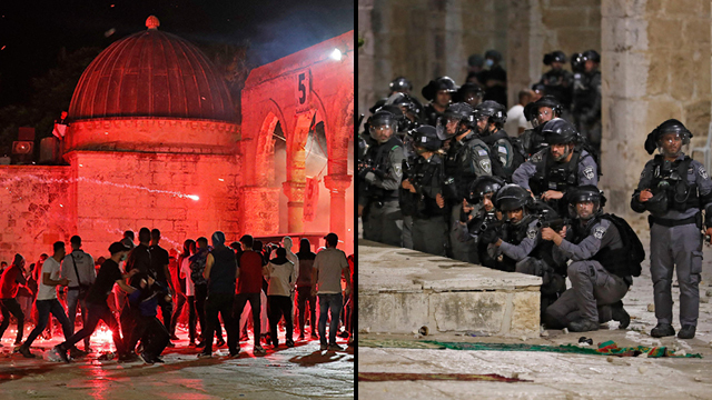 Manifestantes y policías durante los enfrentamientos en el Monte del Templo. 