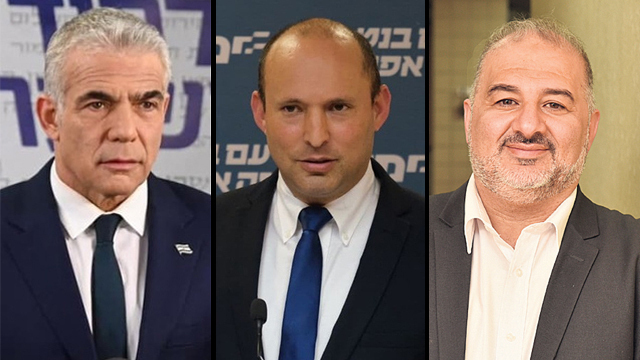 Yair Lapid, líder de Yesh Atid, Naftali Bennett, presidente de Yamina, y Mansour Abbas, presidente de Raam. 