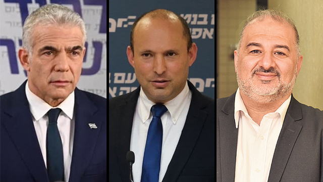 Yair Lapid, de Yesh Atid, Naftali Bennett, de Yamina, y Mansour Abbas, de Raam. (Yoav Dudkevitch, Elad Gutman y Yaron Brener ) Yair Lapid, líder de Yesh Atid, Naftali Bennett, presidente de Yamina, y Mansour Abbas, presidente de Raam.