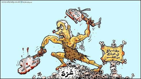 Caricatura de Al-Araby Al-Jadeed. Netanyahu representado como un hombre de las cavernas aplasta Gaza. "El derecho de Israel a defenderse", ironiza el cartel de la derecha. 
