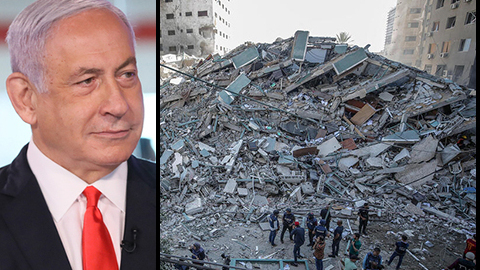 Benjamin Netanyahu y los restos del edificio que albergaba a la prensa internacional en Gaza
