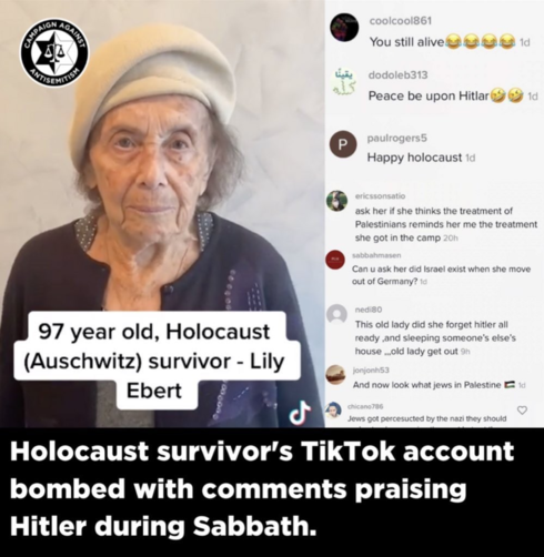 Mensajes antisemitas en un video de TikTok publicado por la sobreviviente del Holocausto Lily Elbert. 