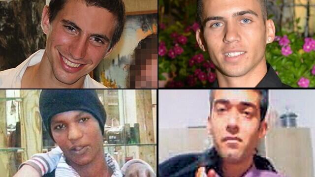 Los soldados caídos Hadar Goldin y Oron Shaul y los cautivos Hisham al-Saeed y Avera Mengistu.