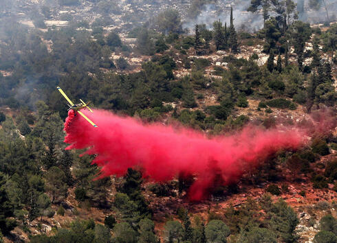 Un avión hidrante lucha contra las llamas en las colinas de Jerusalem.