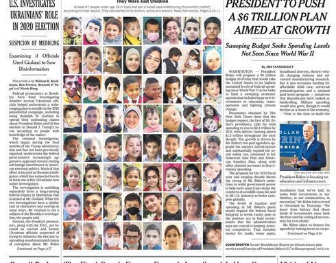 Portada del New York Times con niños presuntamente asesinados por Israel en el conflicto del mes pasado, que requirió múltiples correcciones. 