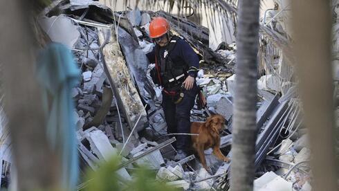 El personal de rescate de incendios realiza una búsqueda con perros a través de los escombros del Condominio Champlain Towers South. 