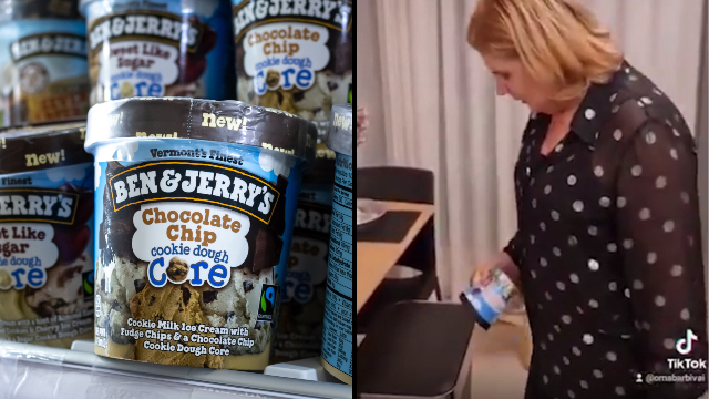 La ministra de Economía, Orna Barbivay, arroja una caja de helado Ben & Jerry's a la basura.