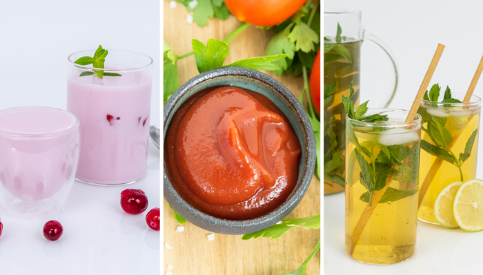 Algunos de los productos de Amai: té helado, ketchup y yogur con sabor a cereza. 