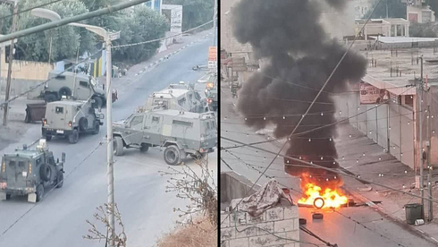 Palestinos chocan con las tropas israelíes cerca de Jenin después de la redada del domingo. 