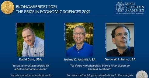 David Card, Joshua Angrist y Guido Imbens, los tres ganadores del premio Nobel de Economía. 