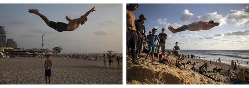 Acrobacias en la playa de Israel (izq.) y acrobacias en la playa de la ciudad de Gaza. 