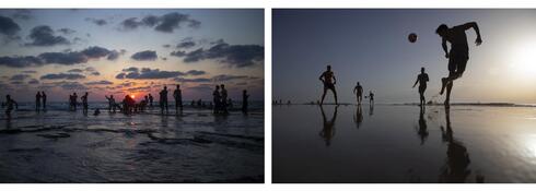 Atardecer en el mar Mediterráneo en la playa de Gaza (izq.) y juegos con pelota en la playa de Israel. 