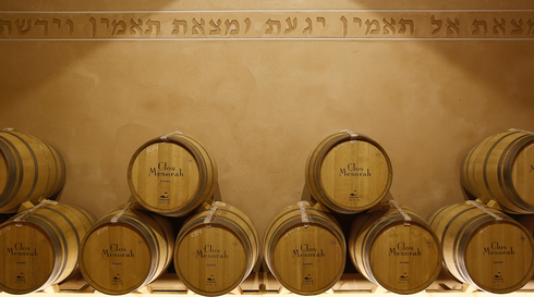 Barriles de la vendimia Clos Menorah de Elvi Wines se sientan en la bodega del Priorat, España. 