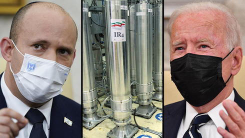 El primer ministro Naftali Bennett (izquierda), centrifugadoras avanzadas de Irán (centro) y el presidente estadounidense Joe Biden. 
