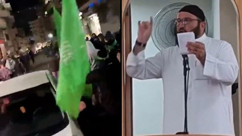 Banderas de Hamás durante la marcha de la victoria tras el atentado terrorista en Jerusalem y el palestino que lo perpetró. 