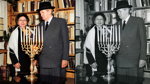 El segundo presidente de Israel, Yitzhak Ben-Zvi, y su esposa Rachel Yanait encienden una vela de Janucá en Jerusalem el 27 de diciembre de 1957.