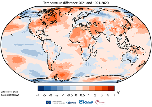 Diferencia de temperatura entre 2021 y el periodo de referencia 1991-2020. 