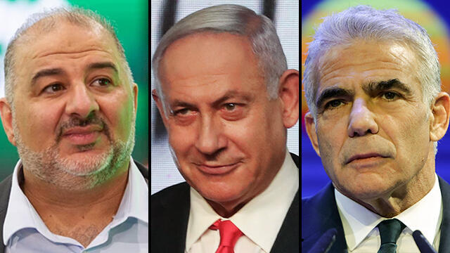 Mansour Abbas, Benjamin Netanyahu y Yair Lapid.