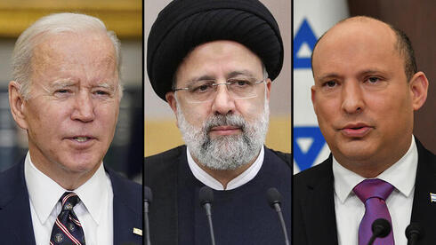 El presidente estadounidense, Joe Biden (izquierda), el presidente iraní, Ebrahim Raisi (centro), y el primer ministro israelí, Naftali Bennett. 