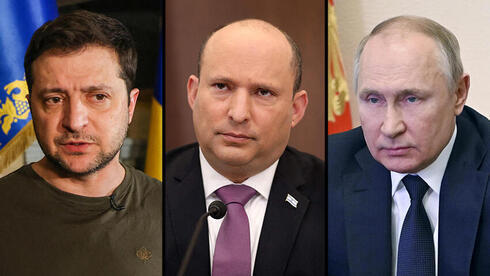 Volodimir Zelenski, Naftalí Bennett, Vladimir Putin. 