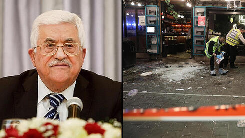 El presidente de la Autoridad Palestina, Mahmoud Abbas, y la última escena del ataque terrorista en Tel Aviv. 