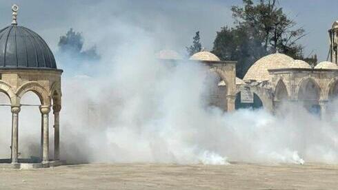 Gas lacrimógeno desplegado por la policía en el recinto de la mezquita de al-Aqsa.