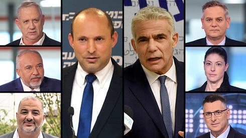 Jefes de partido de la coalición - Centro: Naftali Bennett y Yair Lapid; esquina superior derecha, en el sentido de las agujas del reloj: Nitzan Horowitz, Merav Michaeli, Gideon Sa'ar, Mansour Abbas, Avigdor Liberman, Benny Gantz. (Ynet) Jefes de partido de la coalición - Centro: Naftali Bennett y Yair Lapid; esquina superior derecha, en el sentido de las agujas del reloj: Nitzan Horowitz, Merav Michaeli, Gideon Sa'ar, Mansour Abbas, Avigdor Liberman, Benny Gantz.
