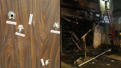 Los agujeros de bala en la puerta y la cafetería quemada. (Portavoz de los Servicios de Bomberos y Rescate de Israel) Los agujeros de bala en la puerta y la cafetería quemada.