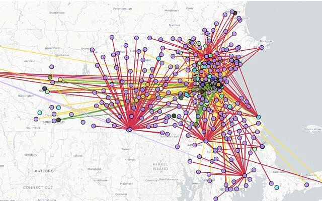 Un mapa de supuestas conexiones entre grupos judíos y otras organizaciones en Massachusetts creado por el grupo activista progresista The Mapping Project. 