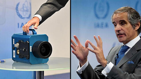 Una de las 27 cámaras de vigilancia que Irán desconectó. A la derecha, el secretario general del OIEA, Rafael Grossi. 