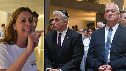 Ayelet Goldin, hermana del soldado caído Hadar Goldin. Lapid junto a Benny Gantz, ministro de Defensa. 